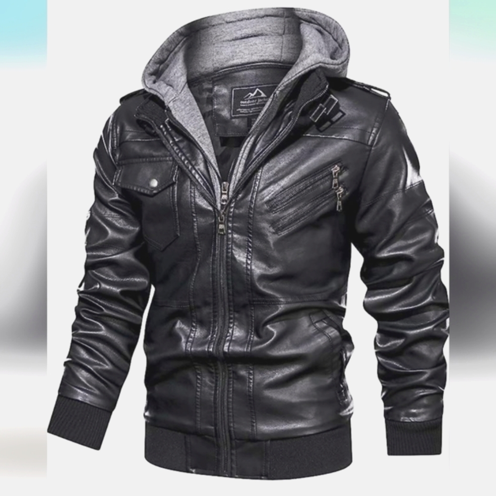 Men's Stand Collar PU Faux Leather Jacket 6 Pockets Motorcycle Bomber Jacket...